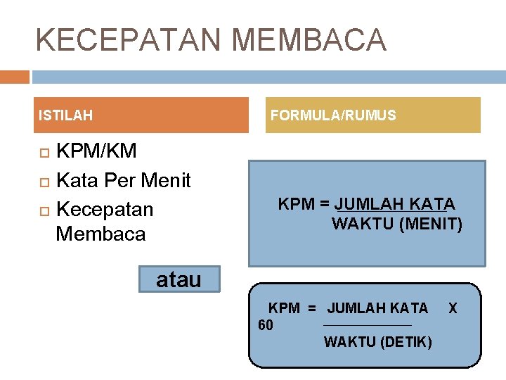 KECEPATAN MEMBACA ISTILAH FORMULA/RUMUS KPM/KM Kata Per Menit Kecepatan Membaca KPM = JUMLAH KATA