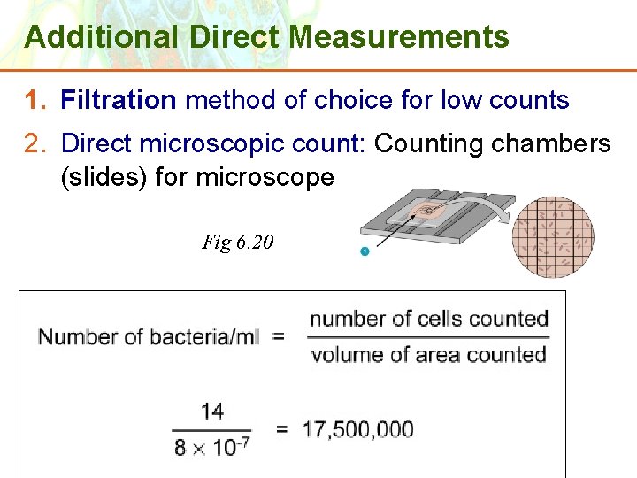 Additional Direct Measurements 1. Filtration method of choice for low counts 2. Direct microscopic