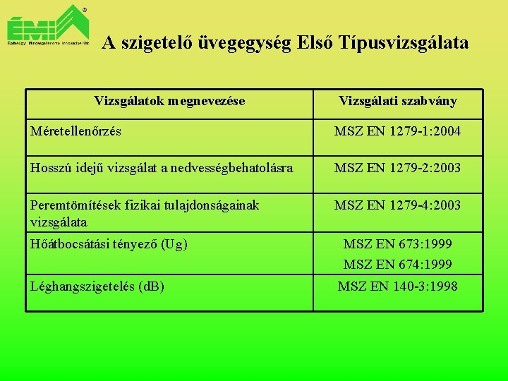 A szigetelő üvegegység Első Típusvizsgálata Vizsgálatok megnevezése Vizsgálati szabvány Méretellenőrzés MSZ EN 1279 -1: