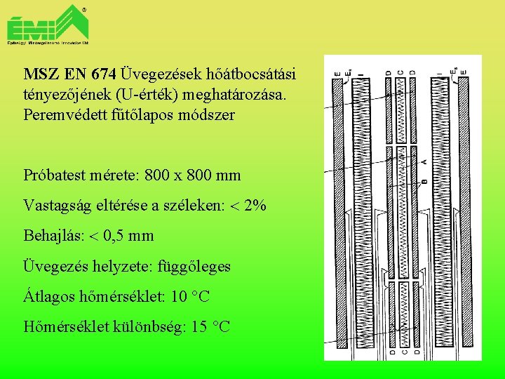 MSZ EN 674 Üvegezések hőátbocsátási tényezőjének (U-érték) meghatározása. Peremvédett fűtőlapos módszer Próbatest mérete: 800