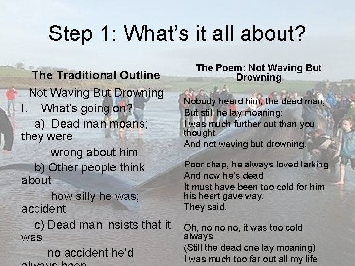 Step 1: What’s it all about? The Traditional Outline Not Waving But Drowning I.