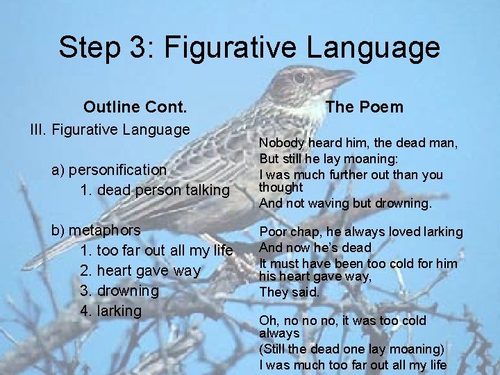 Step 3: Figurative Language Outline Cont. III. Figurative Language a) personification 1. dead person