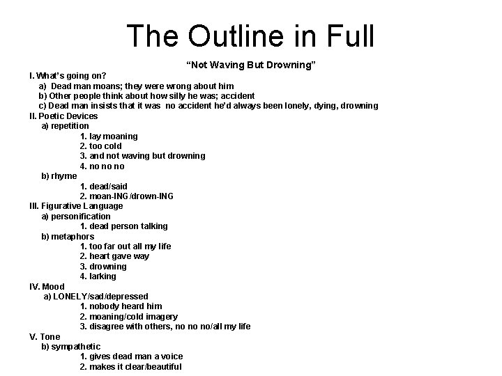 The Outline in Full “Not Waving But Drowning” I. What’s going on? a) Dead