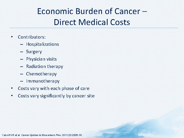 Economic Burden of Cancer – Direct Medical Costs • Contributors: – Hospitalizations – Surgery