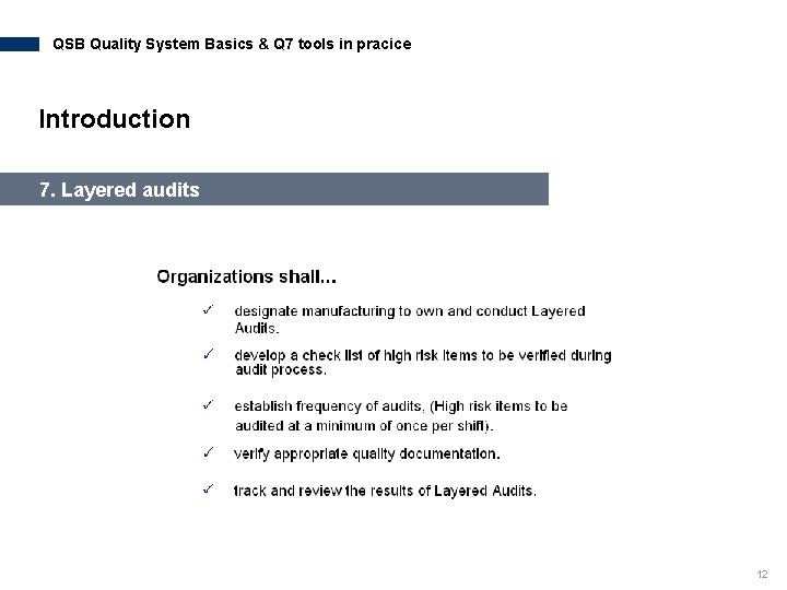 QSB Quality System Basics & Q 7 tools in pracice Introduction 7. Layered audits