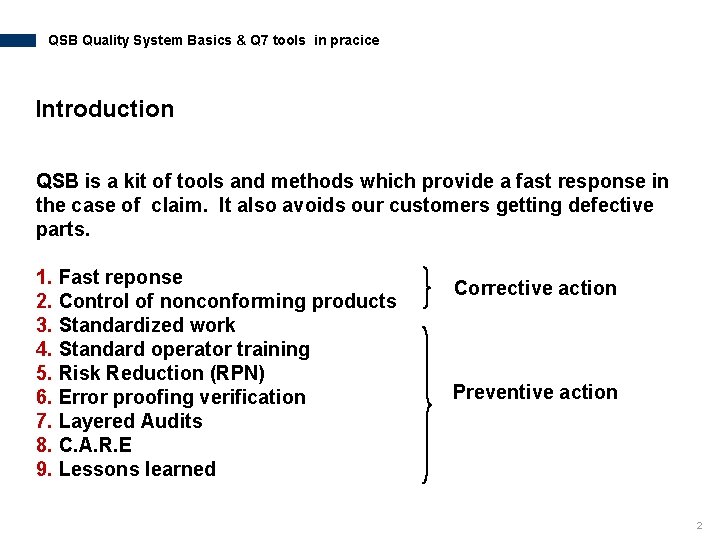 QSB Quality System Basics & Q 7 tools in pracice Introduction QSB is a