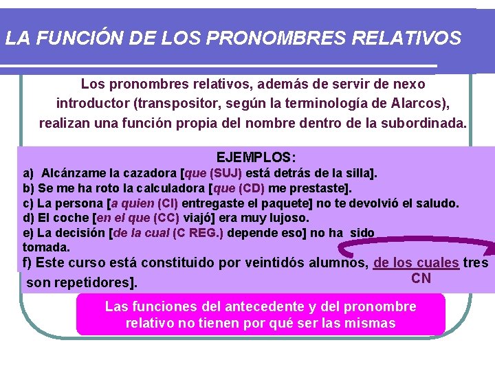 LA FUNCIÓN DE LOS PRONOMBRES RELATIVOS Los pronombres relativos, además de servir de nexo