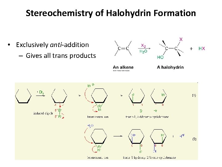 Stereochemistry of Halohydrin Formation • Exclusively anti-addition – Gives all trans products 