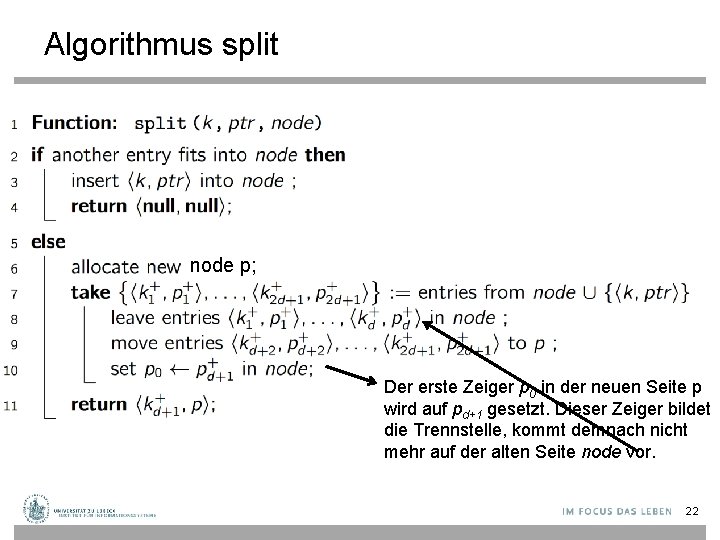 Algorithmus split node p; Der erste Zeiger p 0 in der neuen Seite p