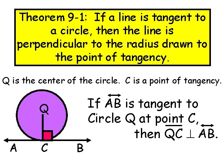 Theorem 9 -1: If a line is tangent to a circle, then the line