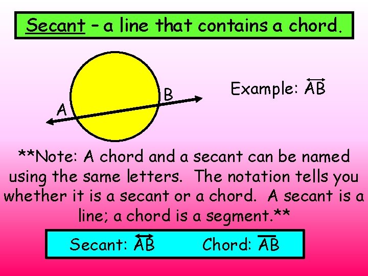 Secant – a line that contains a chord. B A Example: AB **Note: A