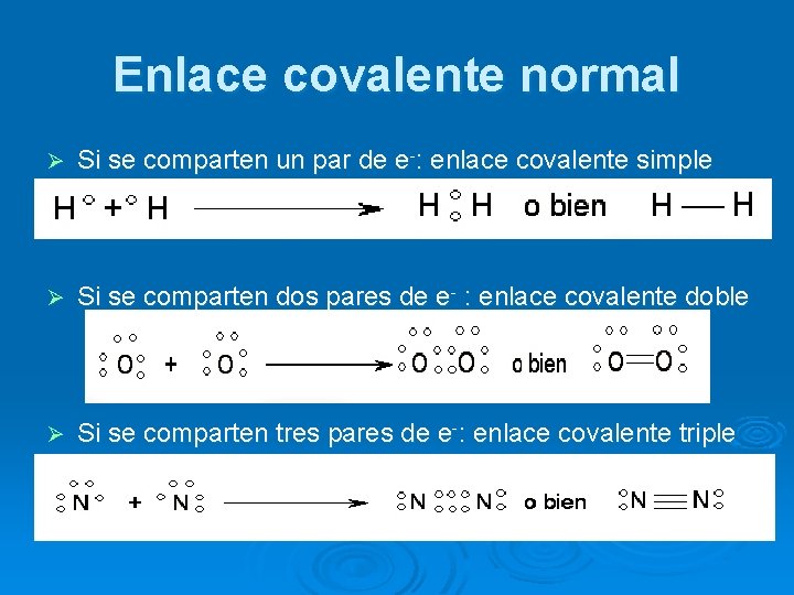 Enlace covalente normal Ø Si se comparten un par de e-: enlace covalente simple