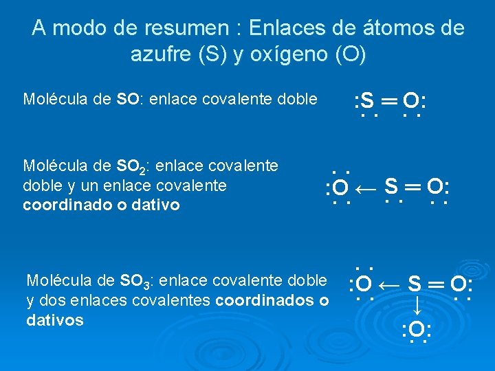 A modo de resumen : Enlaces de átomos de azufre (S) y oxígeno (O)