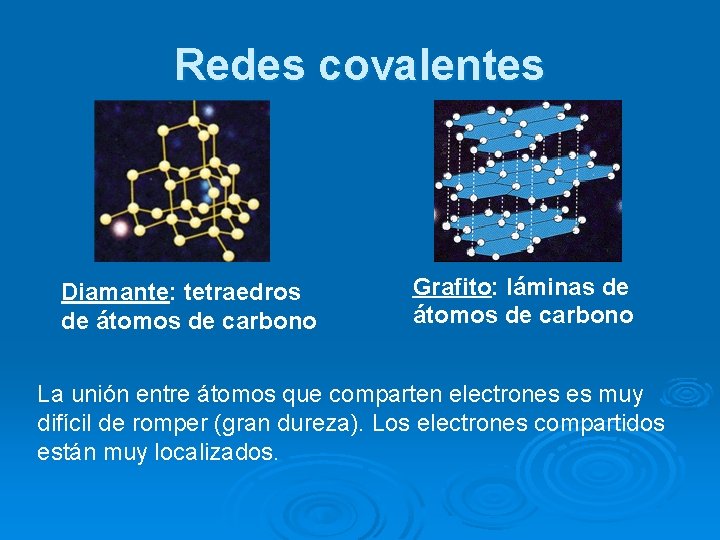 Redes covalentes Diamante: tetraedros de átomos de carbono Grafito: láminas de átomos de carbono