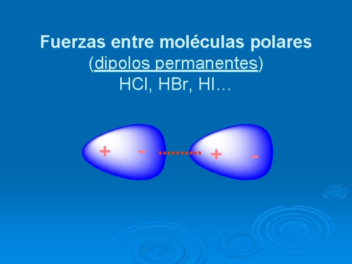 Fuerzas entre moléculas polares (dipolos permanentes) HCl, HBr, HI… + - 