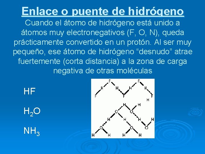 Enlace o puente de hidrógeno Cuando el átomo de hidrógeno está unido a átomos