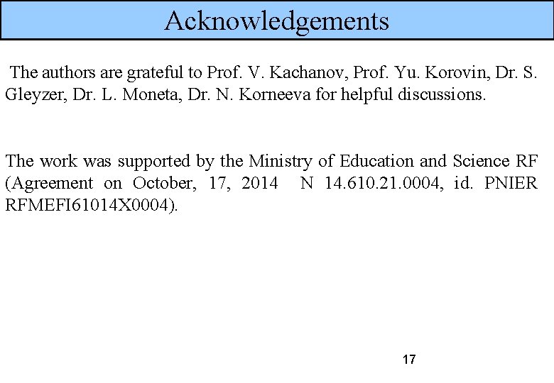 Acknowledgements The authors are grateful to Prof. V. Kachanov, Prof. Yu. Korovin, Dr. S.