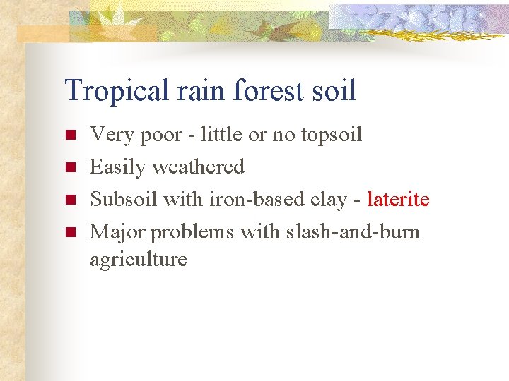 Tropical rain forest soil n n Very poor - little or no topsoil Easily