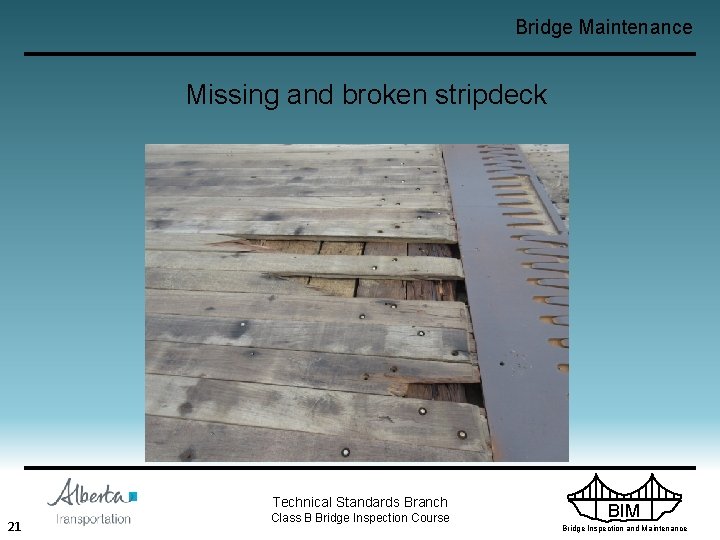 Bridge Maintenance Missing and broken stripdeck Technical Standards Branch 21 Class B Bridge Inspection