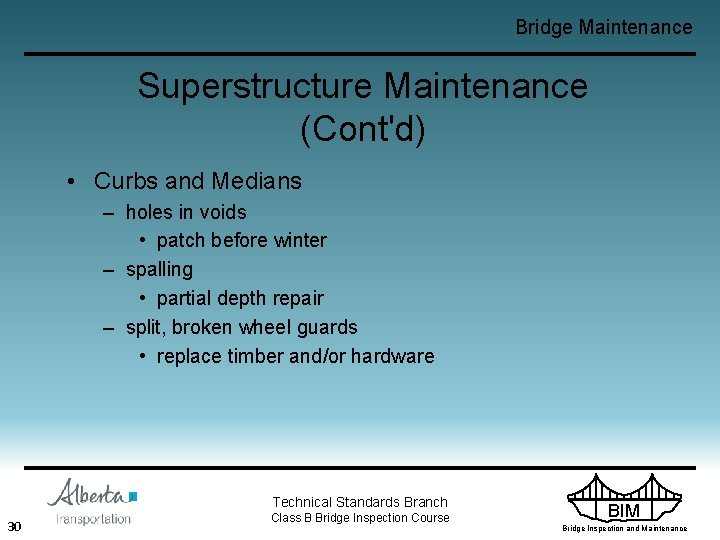 Bridge Maintenance Superstructure Maintenance (Cont'd) • Curbs and Medians – holes in voids •