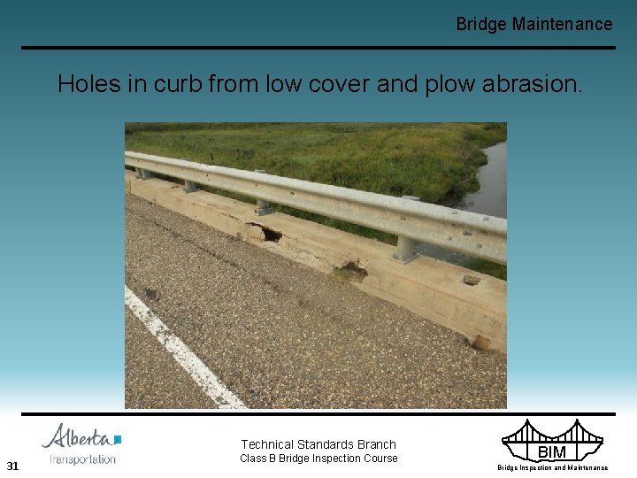 Bridge Maintenance Holes in curb from low cover and plow abrasion. Technical Standards Branch