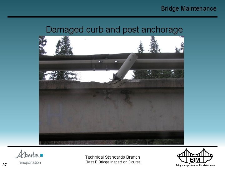 Bridge Maintenance Damaged curb and post anchorage Technical Standards Branch 37 Class B Bridge