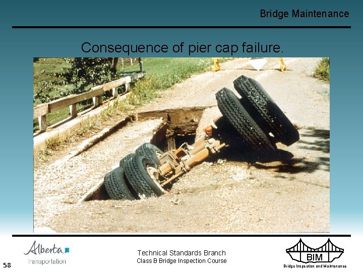 Bridge Maintenance Consequence of pier cap failure. Technical Standards Branch 58 Class B Bridge