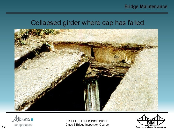 Bridge Maintenance Collapsed girder where cap has failed. Technical Standards Branch 59 Class B