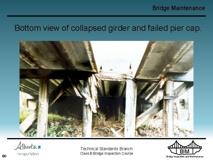 Bridge Maintenance Bottom view of collapsed girder and failed pier cap. Technical Standards Branch