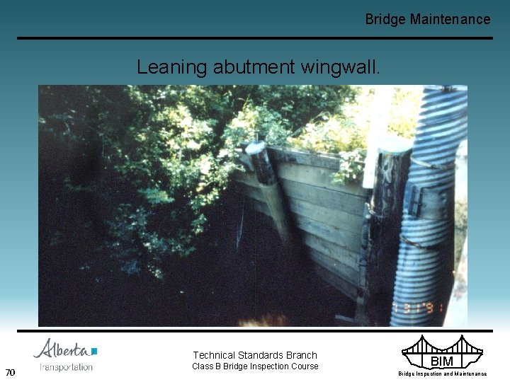 Bridge Maintenance Leaning abutment wingwall. Technical Standards Branch 70 Class B Bridge Inspection Course