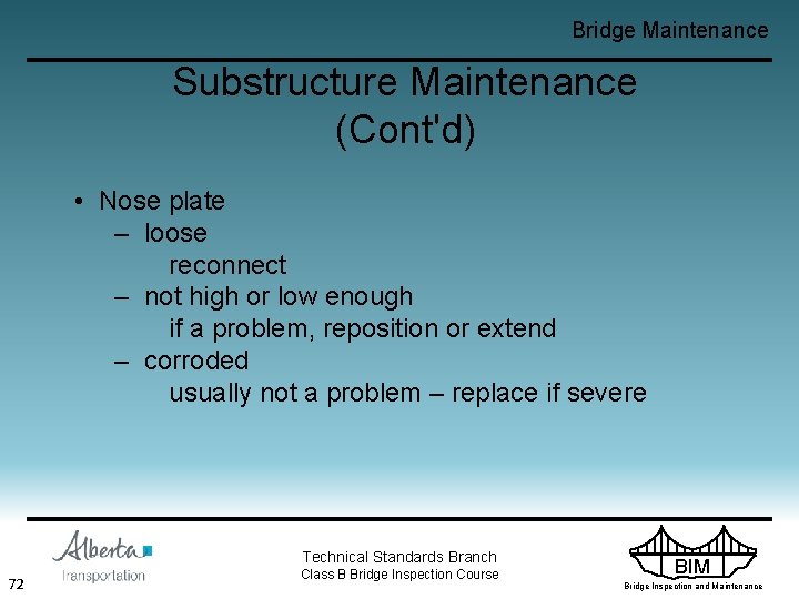 Bridge Maintenance Substructure Maintenance (Cont'd) • Nose plate – loose reconnect – not high