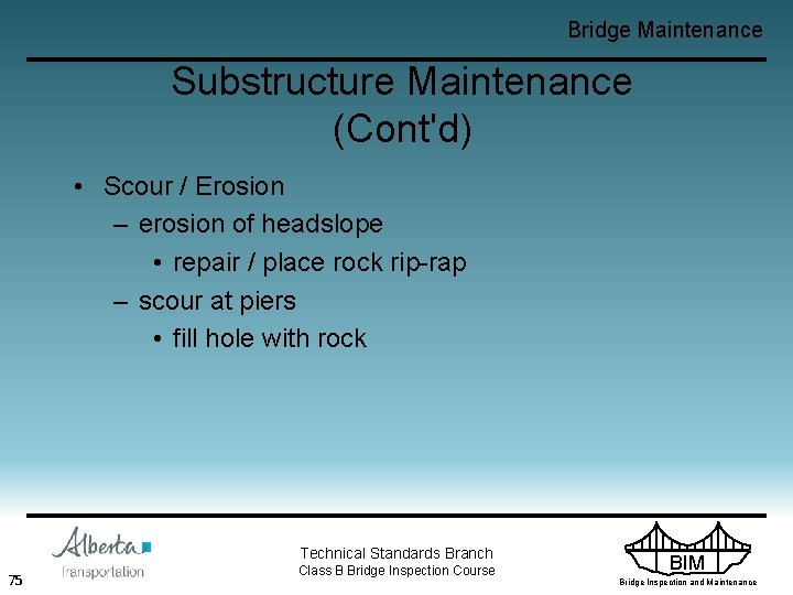 Bridge Maintenance Substructure Maintenance (Cont'd) • Scour / Erosion – erosion of headslope •