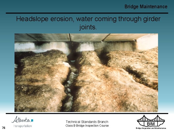 Bridge Maintenance Headslope erosion, water coming through girder joints. Technical Standards Branch 76 Class