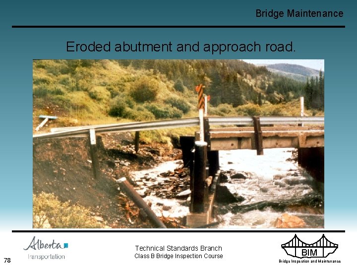 Bridge Maintenance Eroded abutment and approach road. Technical Standards Branch 78 Class B Bridge