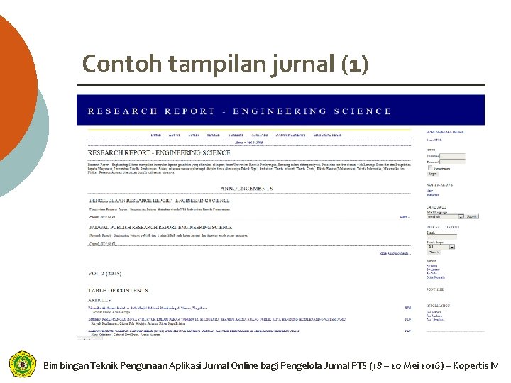 Contoh tampilan jurnal (1) Bimbingan Teknik Pengunaan Aplikasi Jurnal Online bagi Pengelola Jurnal PTS