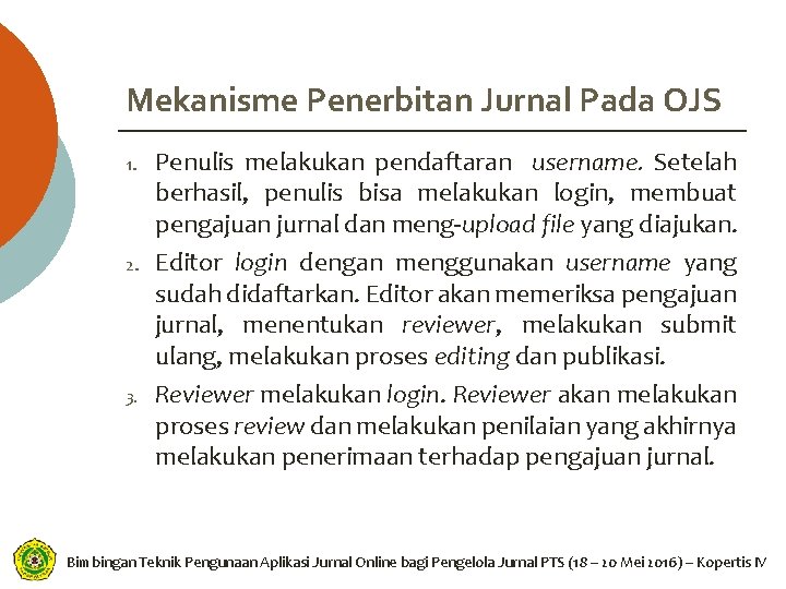 Mekanisme Penerbitan Jurnal Pada OJS 1. 2. 3. Penulis melakukan pendaftaran username. Setelah berhasil,