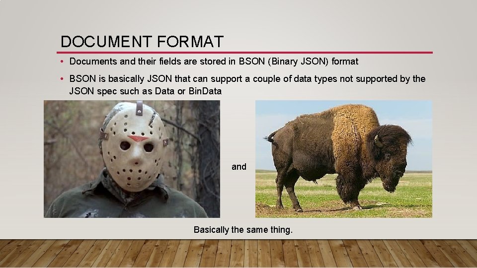 DOCUMENT FORMAT • Documents and their fields are stored in BSON (Binary JSON) format