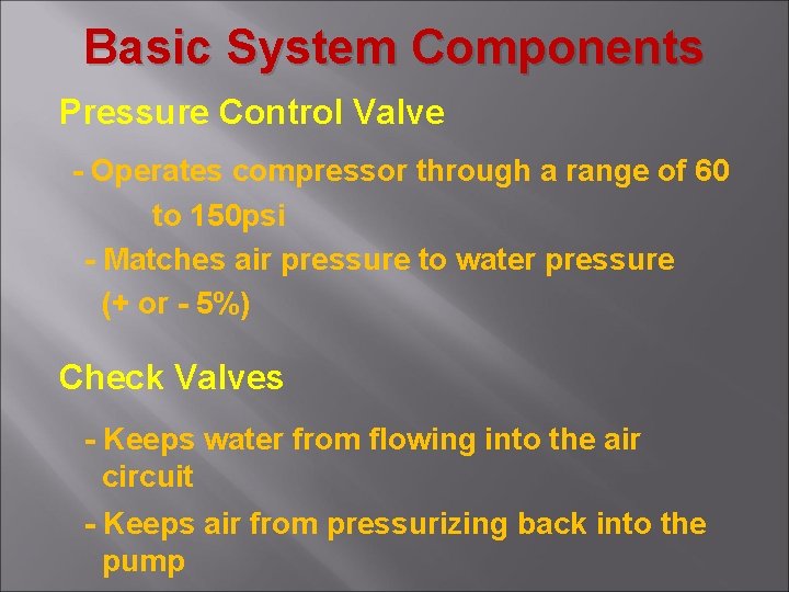 Basic System Components Pressure Control Valve - Operates compressor through a range of 60