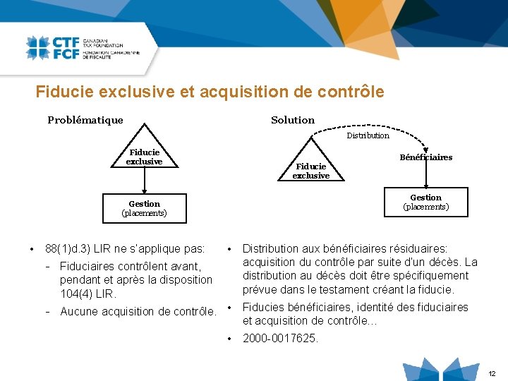 Fiducie exclusive et acquisition de contrôle Problématique Solution Distribution Fiducie exclusive Bénéficiaires Fiducie exclusive