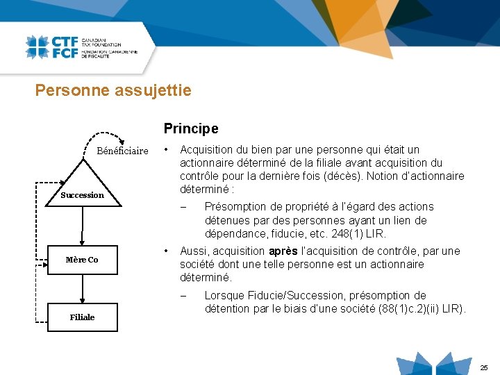 Personne assujettie Principe Bénéficiaire • Succession Acquisition du bien par une personne qui était