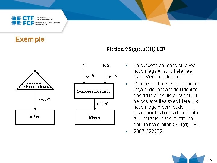 Exemple Fiction 88(1)c. 2)(ii) LIR E 2 E 1 • 50 % • Succession