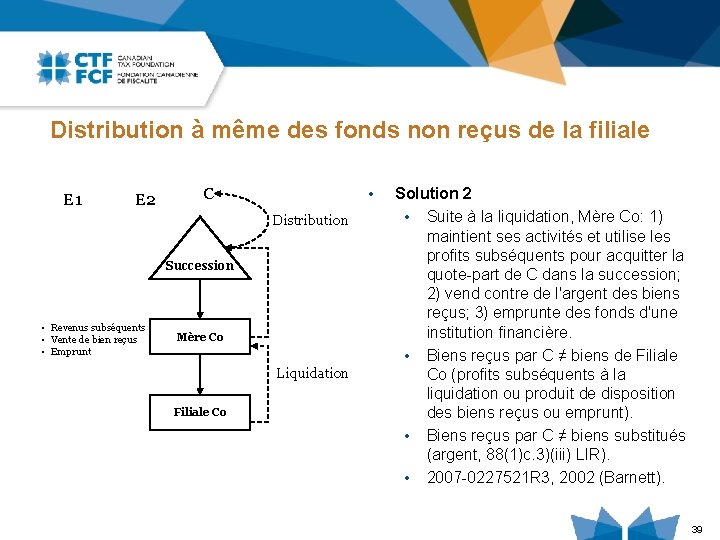 Distribution à même des fonds non reçus de la filiale E 1 E 2