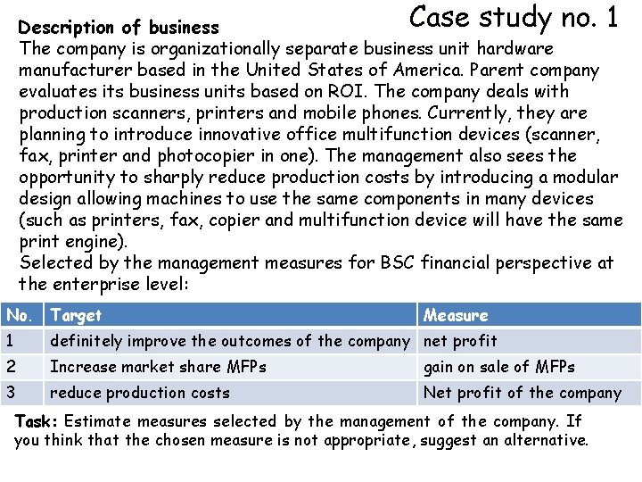 Case study no. 1 Description of business The company is organizationally separate business unit