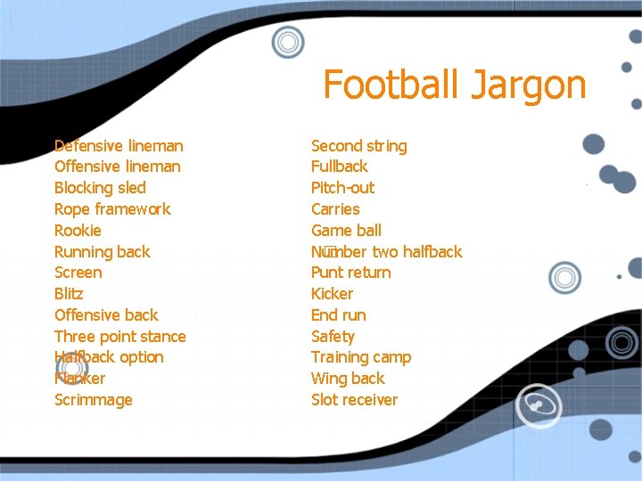 Football Jargon Defensive lineman Offensive lineman Blocking sled Rope framework Rookie Running back Screen