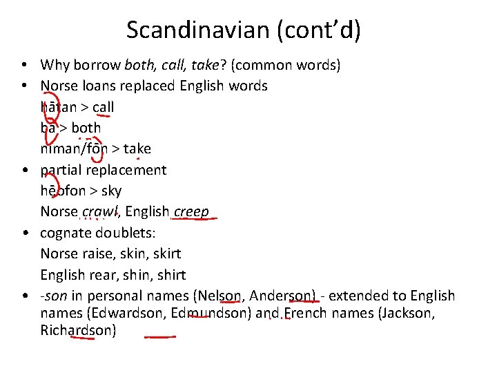 Scandinavian (cont’d) • Why borrow both, call, take? (common words) • Norse loans replaced