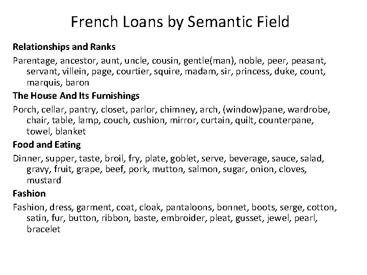 French Loans by Semantic Field Relationships and Ranks Parentage, ancestor, aunt, uncle, cousin, gentle(man),