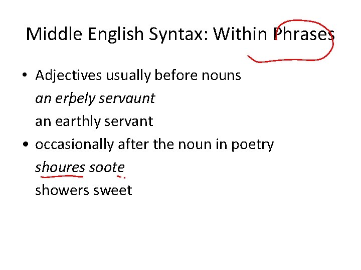 Middle English Syntax: Within Phrases • Adjectives usually before nouns an erþely servaunt an