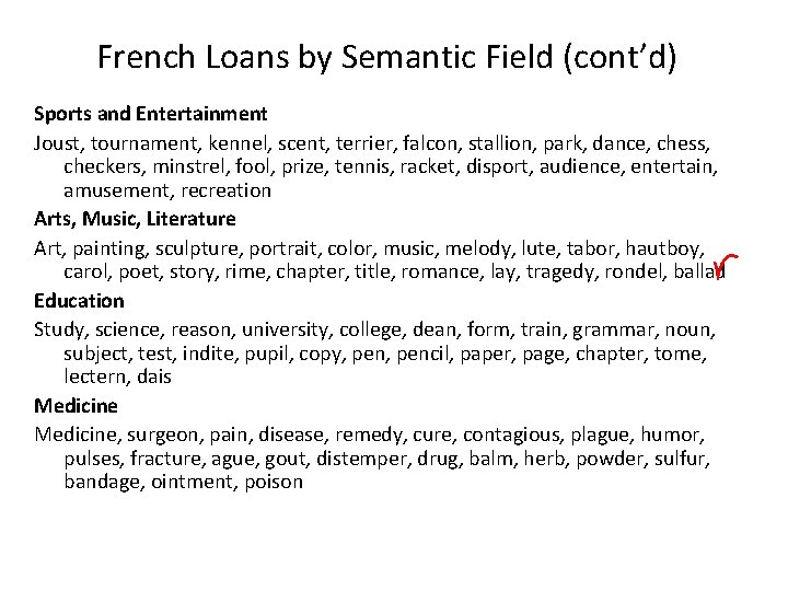 French Loans by Semantic Field (cont’d) Sports and Entertainment Joust, tournament, kennel, scent, terrier,