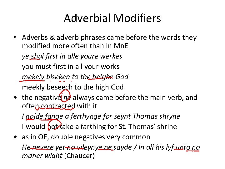 Adverbial Modifiers • Adverbs & adverb phrases came before the words they modified more