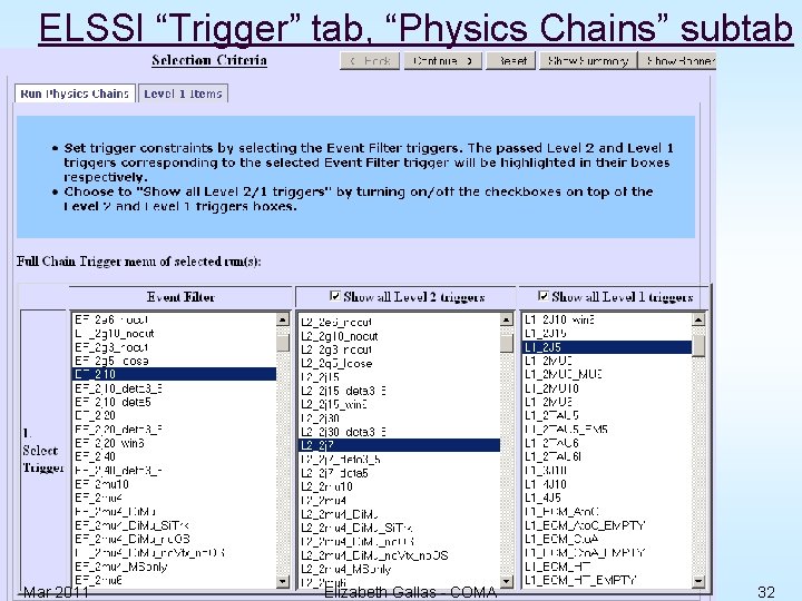 ELSSI “Trigger” tab, “Physics Chains” subtab Mar 2011 Elizabeth Gallas - COMA 32 